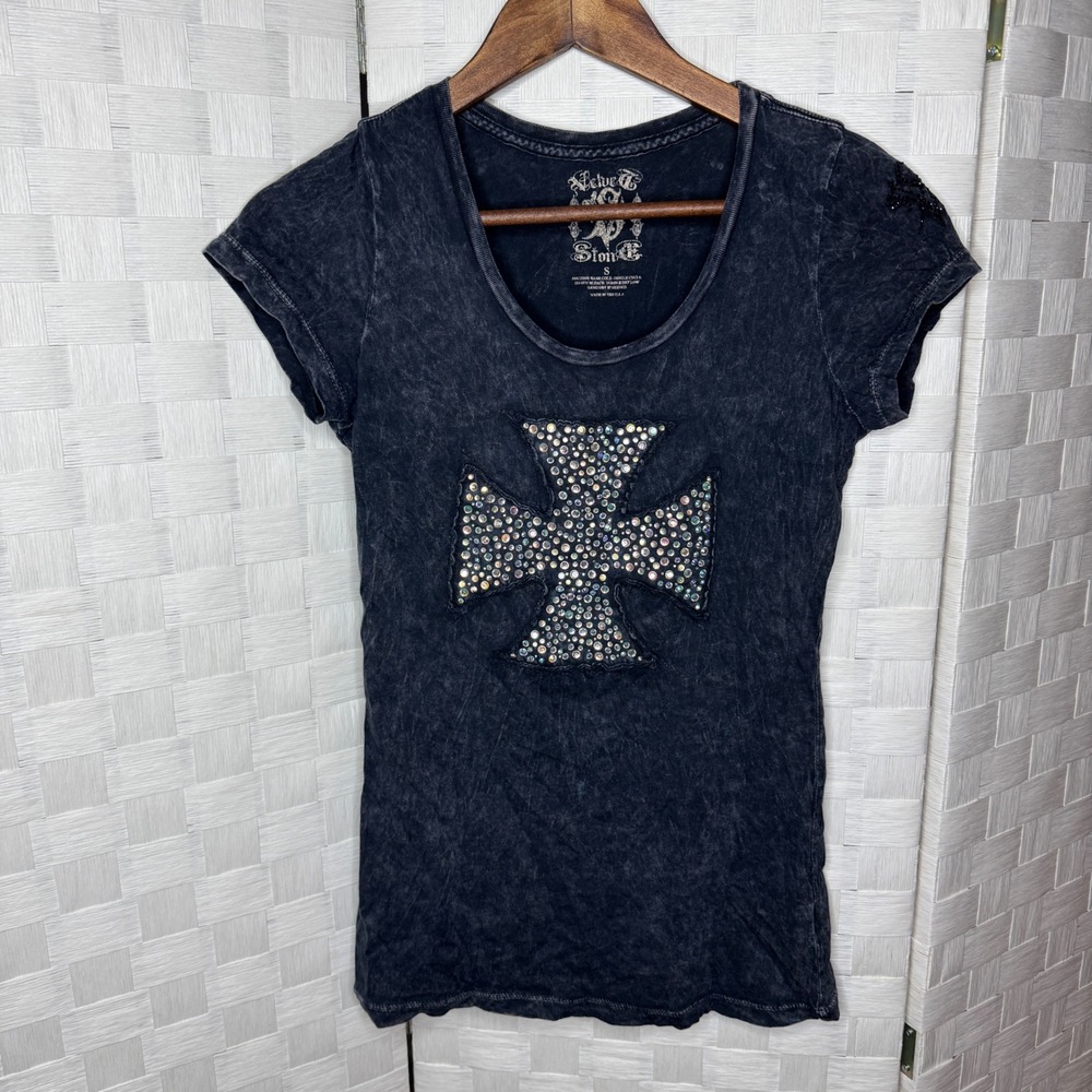 Velvet Stone Acid Wash Rhinestone Cross T-Shirt Charcoal Grey Small Biker Goth